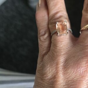 Peach-Center Silver Ring with Pavé Band - Women's Jewelry